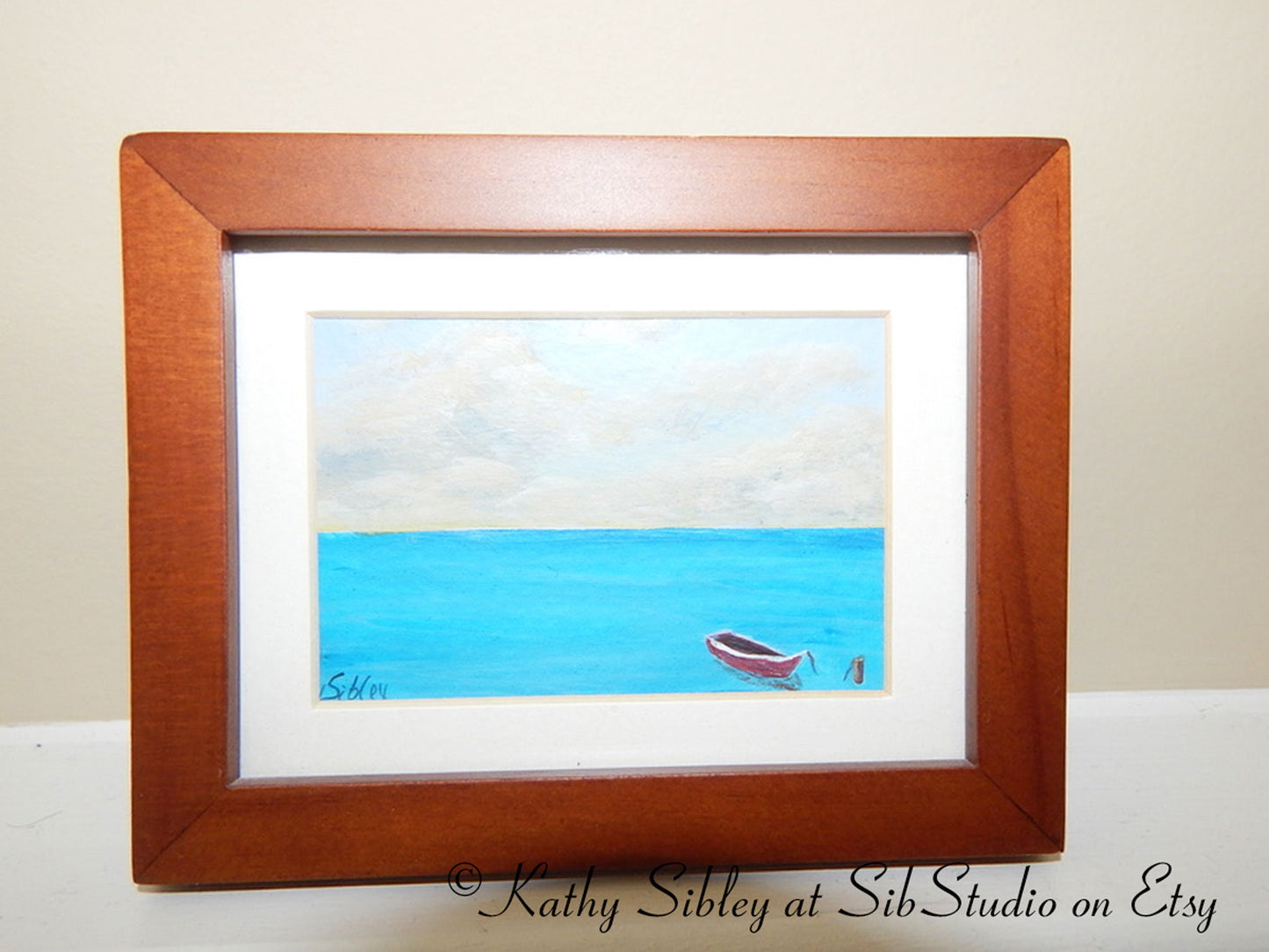 Miniature Boat Painting, Framed Original Painting, 4.75 x 3.75 inches, Acrylic Paints on Watercolor Paper, Ocean Miniature Art, Boat Art