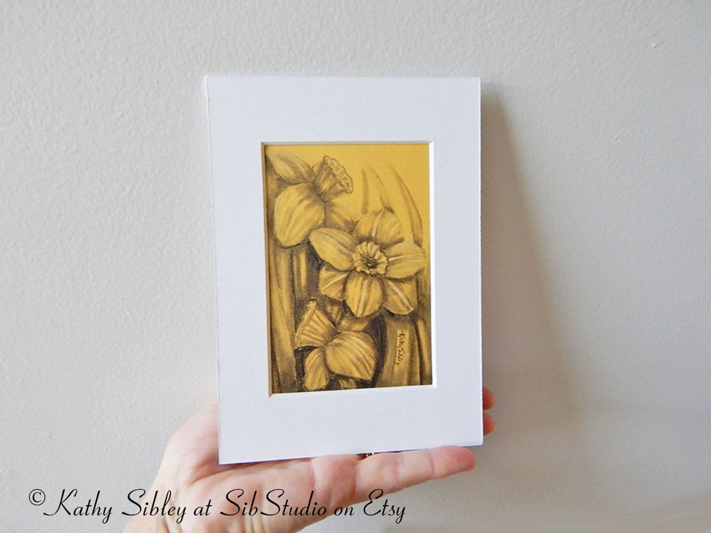 Daffodils Graphite Drawing, Original Drawing, 3 x 4.5", Matted 5 x 7 ", Graphite Drawing on Yellow Art Paper, Yellow Daffodil Drawing