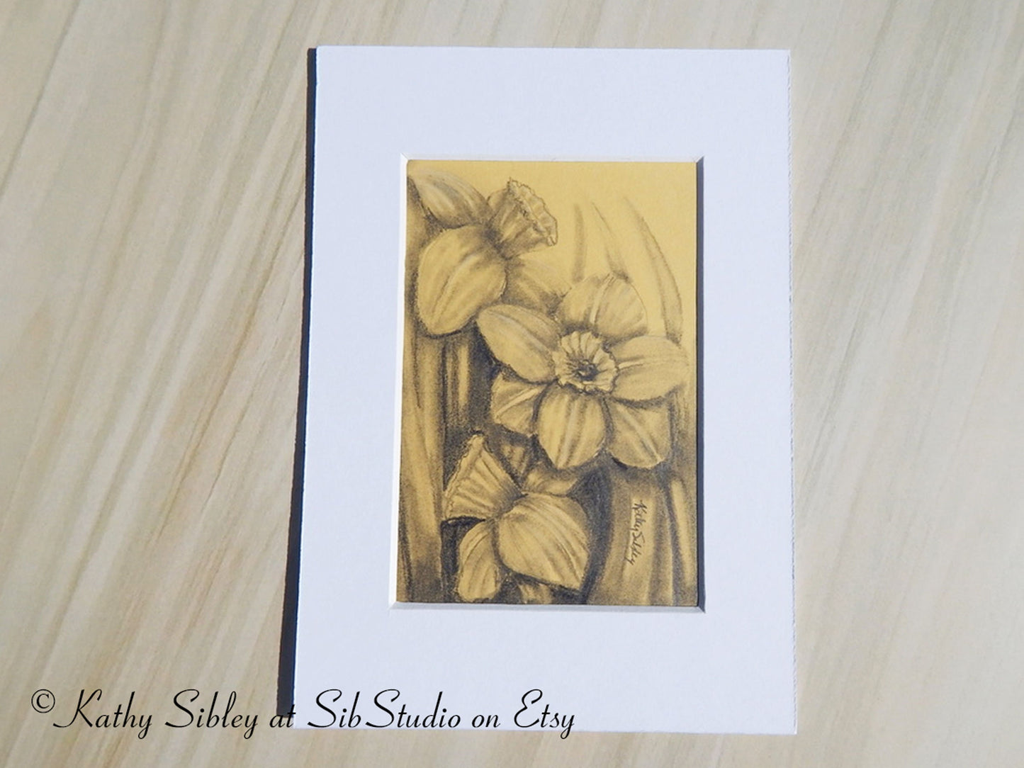 Daffodils Graphite Drawing, Original Drawing, 3 x 4.5", Matted 5 x 7 ", Graphite Drawing on Yellow Art Paper, Yellow Daffodil Drawing