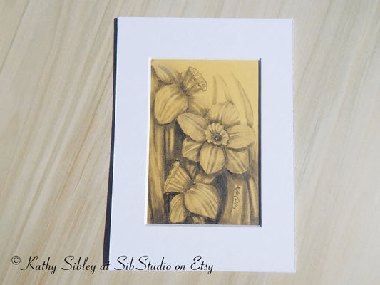 Daffodils Graphite Drawing, Original Drawing, 3 x 4.5", Matted 5 x 7 ", Graphite Drawing on Yellow Art Paper, Yellow Daffodil Drawing