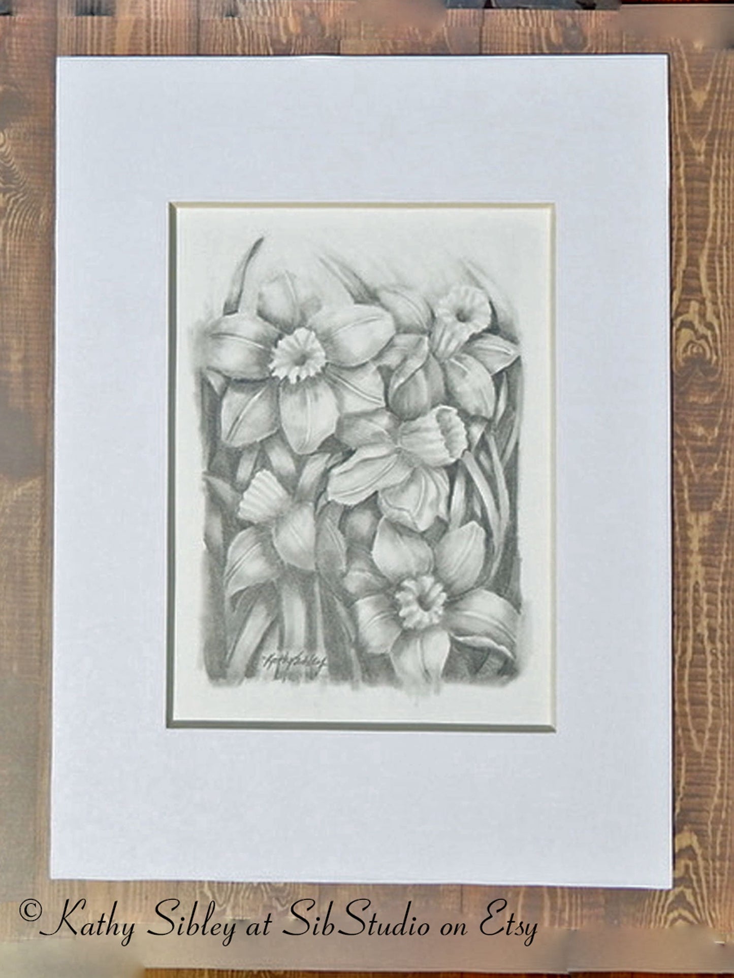 Daffodils Graphite Drawing, 5 x 7 inches, Matted, Original Graphite Drawing, Spring Daffodils, Black and White Daffodils Art, Daffodil Art