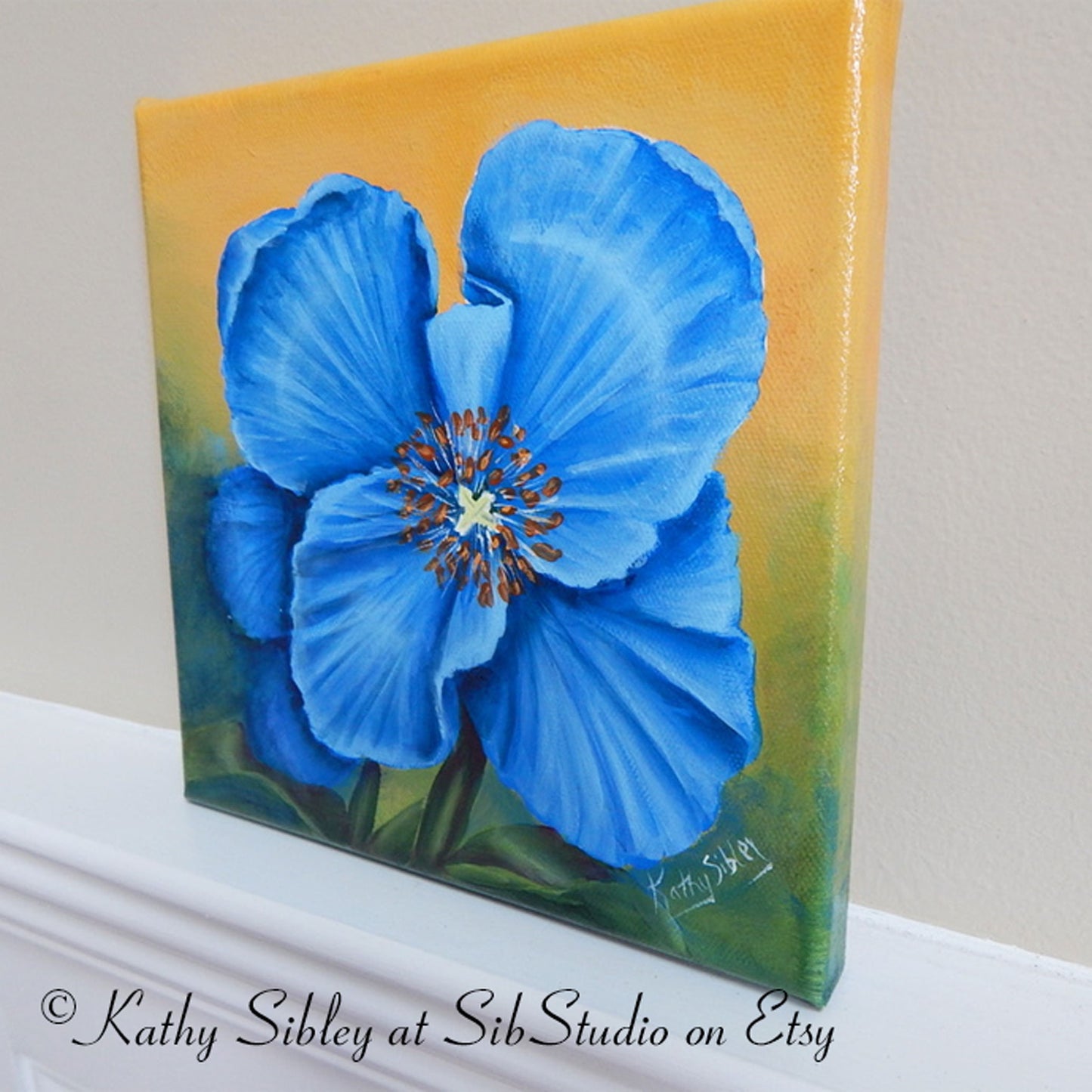 Blue Poppy Painting, Original Acrylic Painting, 8 x 8 inches, Gallery Wrapped Canvas, Poppy Wall Art, Blue Poppy Art, Blue Poppy Wall Decor