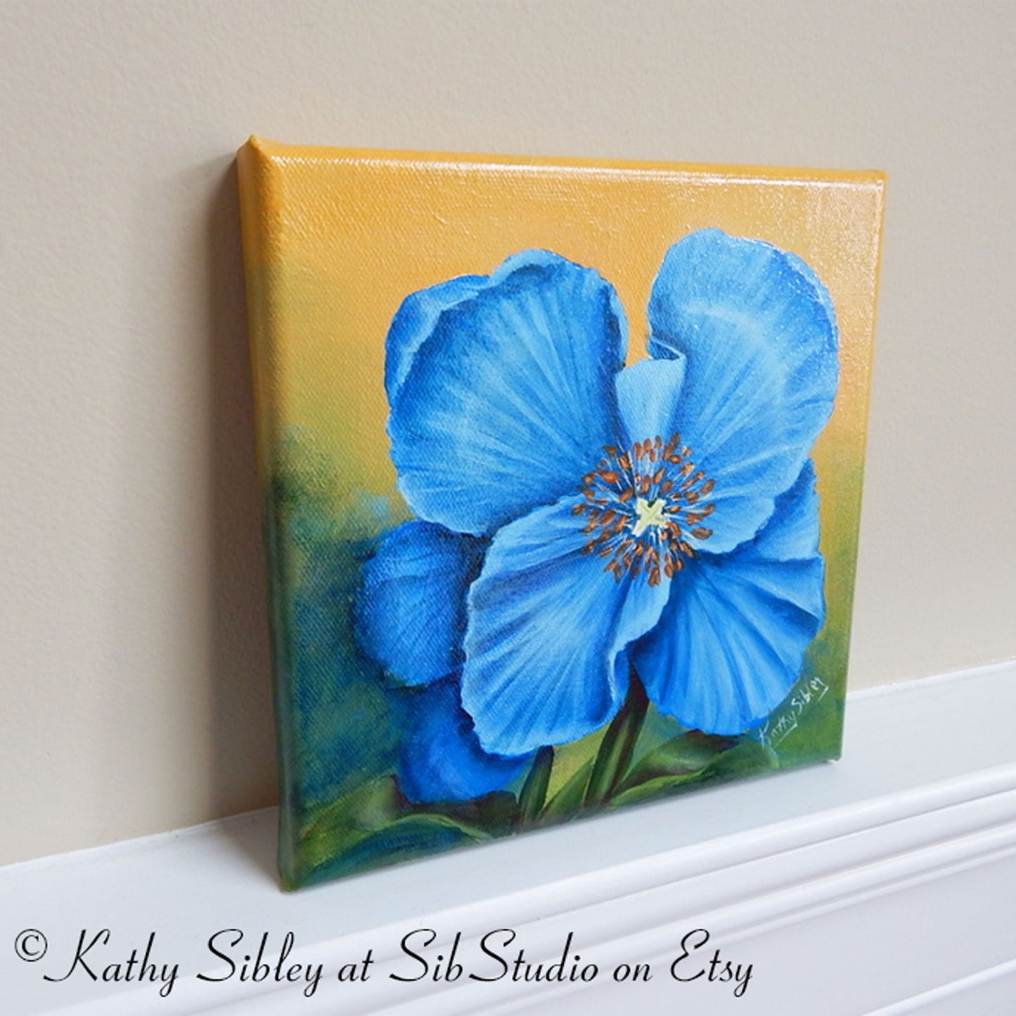 Blue Poppy Painting, Original Acrylic Painting, 8 x 8 inches, Gallery Wrapped Canvas, Poppy Wall Art, Blue Poppy Art, Blue Poppy Wall Decor