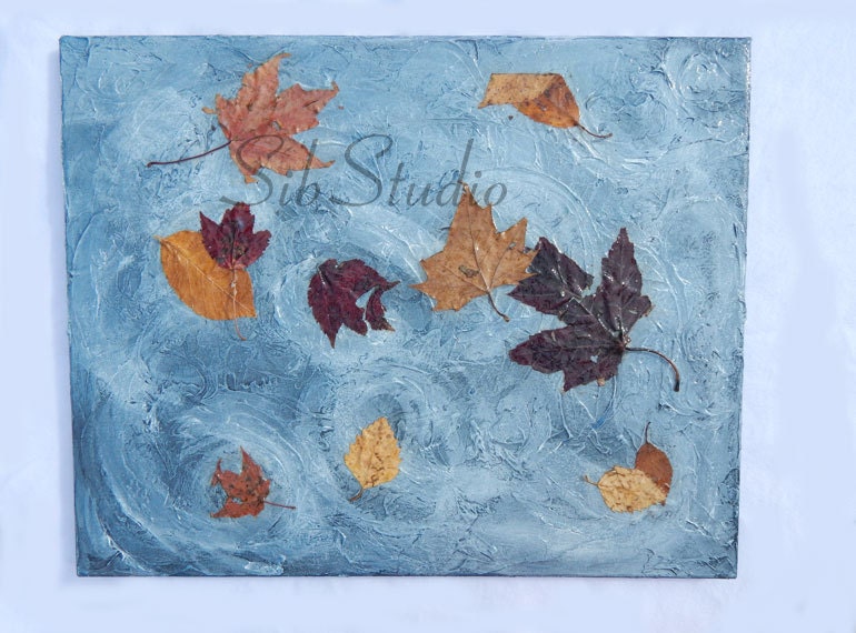 Windy Leaves Painting, Original Mixed Media Painting, 16 x 20 inches Canvas, Acrylic and Real Leaves, Fall Leaves Art,  Fall Home Decor