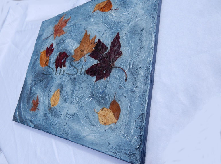 Windy Leaves Painting, Original Mixed Media Painting, 16 x 20 inches Canvas, Acrylic and Real Leaves, Fall Leaves Art,  Fall Home Decor