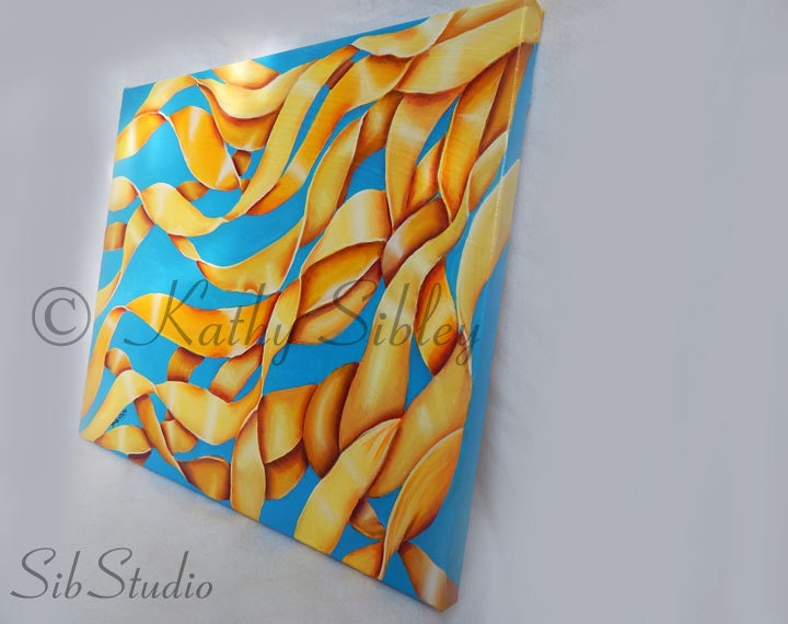 Yellow Ribbons Painting, 16 x 20 Inches  Canvas, Original Acrylic Painting,  Sunshine Yellow and Sky Blue Abstract, Sunshine Abstract Art