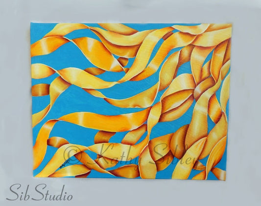 Yellow Ribbons Painting, 16 x 20 Inches  Canvas, Original Acrylic Painting,  Sunshine Yellow and Sky Blue Abstract, Sunshine Abstract Art