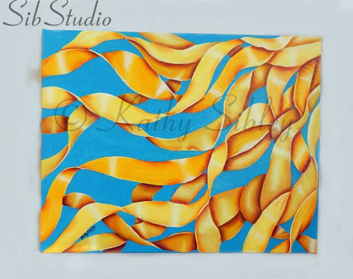 Yellow Ribbons Painting, 16 x 20 Inches  Canvas, Original Acrylic Painting,  Sunshine Yellow and Sky Blue Abstract, Sunshine Abstract Art