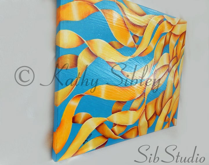 Yellow Ribbons Painting, 16 x 20 Inches  Canvas, Original Acrylic Painting,  Sunshine Yellow and Sky Blue Abstract, Sunshine Abstract Art