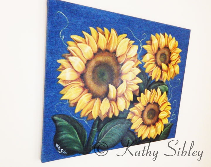 Sunflowers Denim Painting, 16 x 20 Inches Canvas, Original Acrylic Painting, Sunflowers Painted on Blue Denim Wrapped Canvas, Sunflower Art