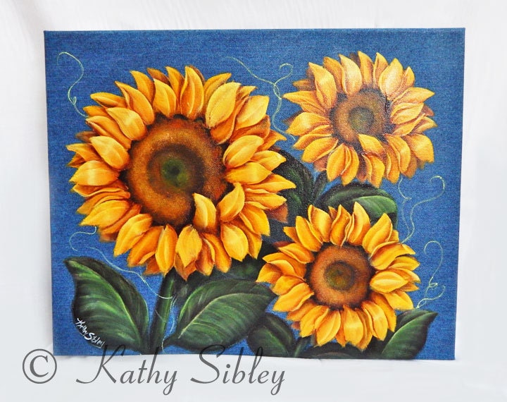 Sunflowers Denim Painting, 16 x 20 Inches Canvas, Original Acrylic Painting, Sunflowers Painted on Blue Denim Wrapped Canvas, Sunflower Art