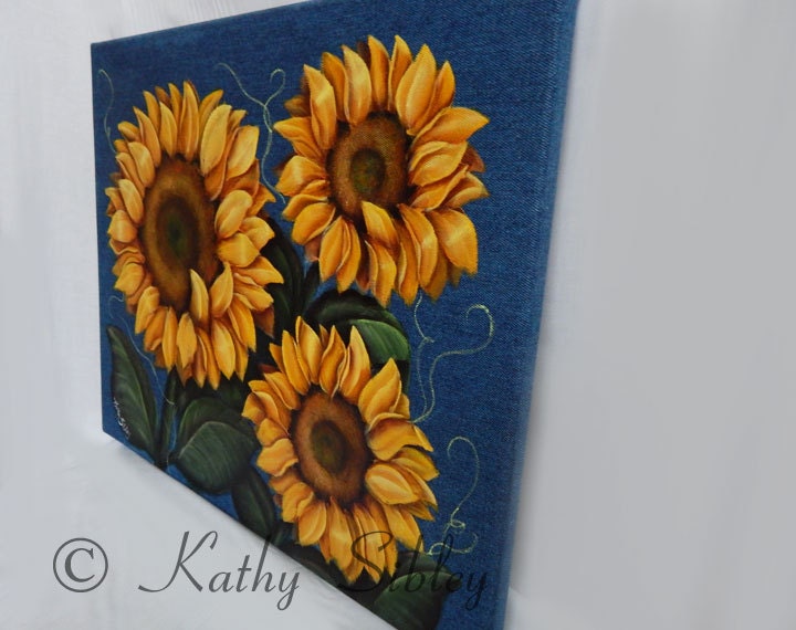 Sunflowers Denim Painting, 16 x 20 Inches Canvas, Original Acrylic Painting, Sunflowers Painted on Blue Denim Wrapped Canvas, Sunflower Art