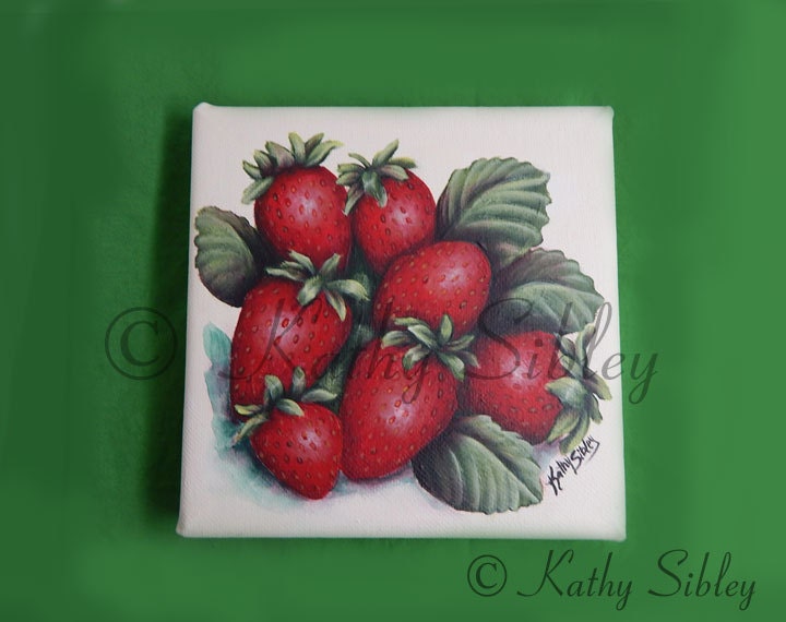 Red Strawberries Painting, Original Art, 6 x 6 inches,Gallery Wrapped Canvas, Original Acrylic Painting, Strawberry Kitchen Art, Food Art