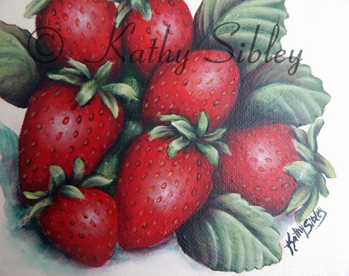 Red Strawberries Painting, Original Art, 6 x 6 inches,Gallery Wrapped Canvas, Original Acrylic Painting, Strawberry Kitchen Art, Food Art