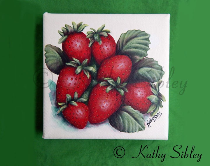 Red Strawberries Painting, Original Art, 6 x 6 inches,Gallery Wrapped Canvas, Original Acrylic Painting, Strawberry Kitchen Art, Food Art