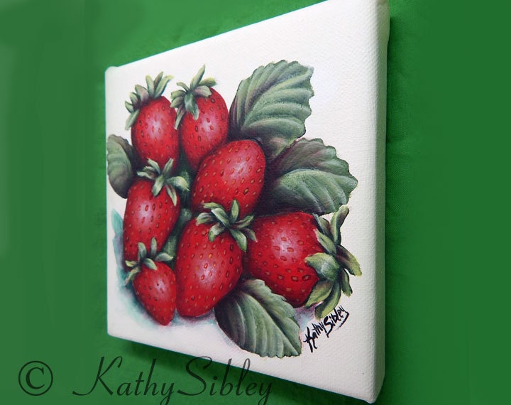 Red Strawberries Painting, Original Art, 6 x 6 inches,Gallery Wrapped Canvas, Original Acrylic Painting, Strawberry Kitchen Art, Food Art